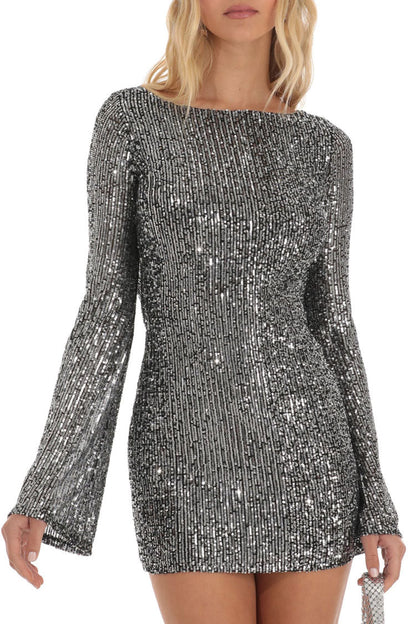 Boat Neck Long Sleeve Vertical Sequin Bodycon Mini Dress