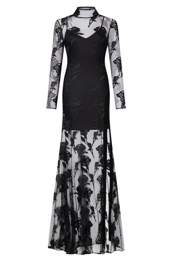 Floral Jacquard Mesh Overlay Mock Neck Long Sleeve High Slit Maxi Dress