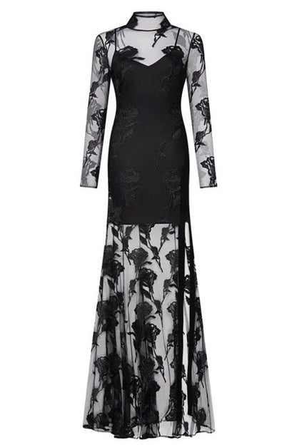 Floral Jacquard Mesh Overlay Mock Neck Long Sleeve High Slit Maxi Dress