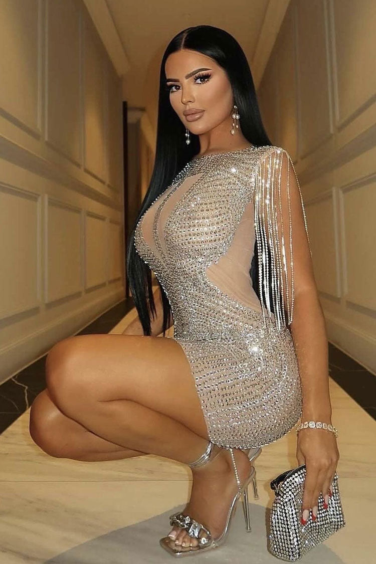 Rhinestone Embellished Mesh Fringe Shoulder Bodycon Mini Dress