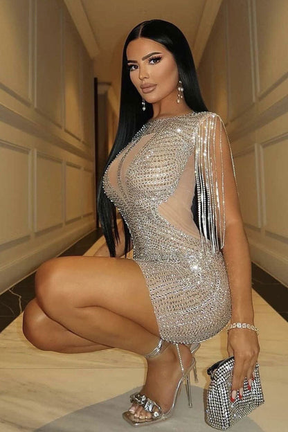 Rhinestone Embellished Mesh Fringe Shoulder Bodycon Mini Dress