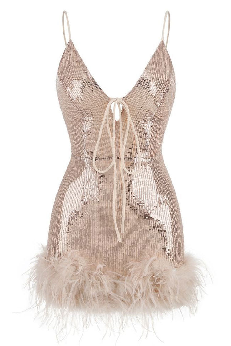 Sequin Halter Criss-Cross Strap Deep V-Neck Feather Trim Bodycon Mini Dress