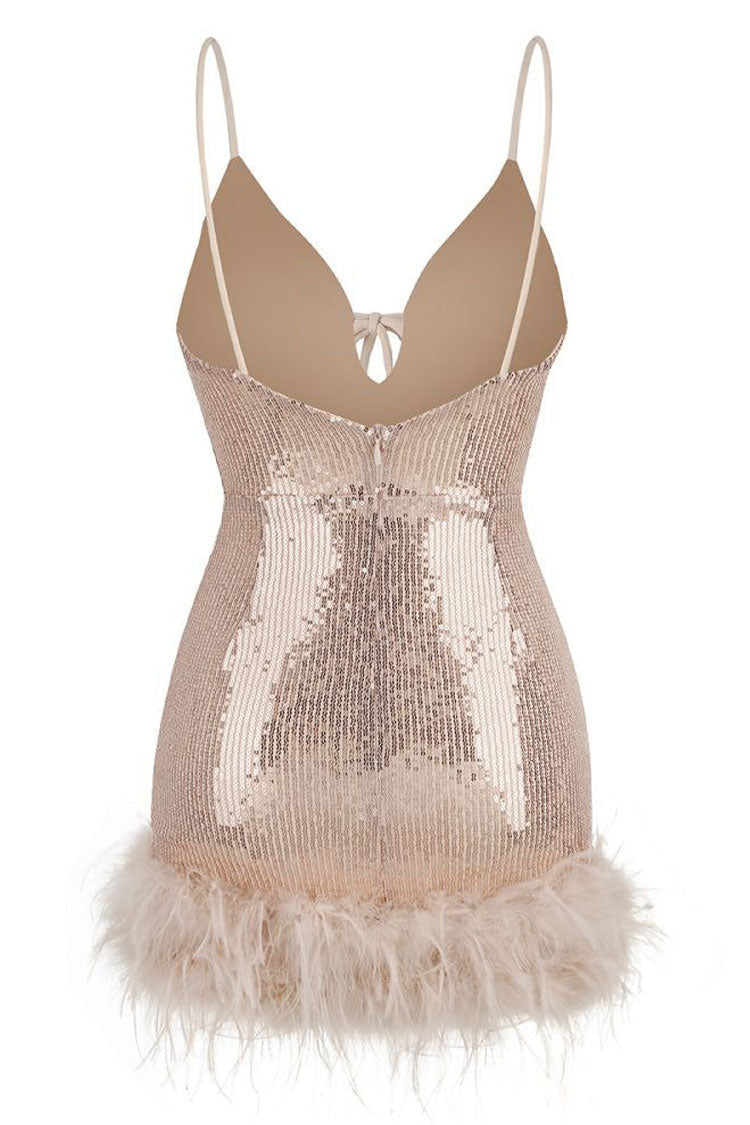 Sequin Halter Criss-Cross Strap Deep V-Neck Feather Trim Bodycon Mini Dress