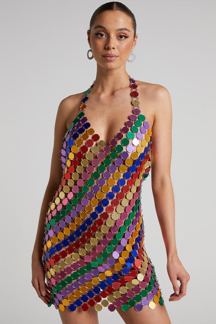 Disc Paillette Halter Plunging V-Neck Backless Bodycon Mini Dress
