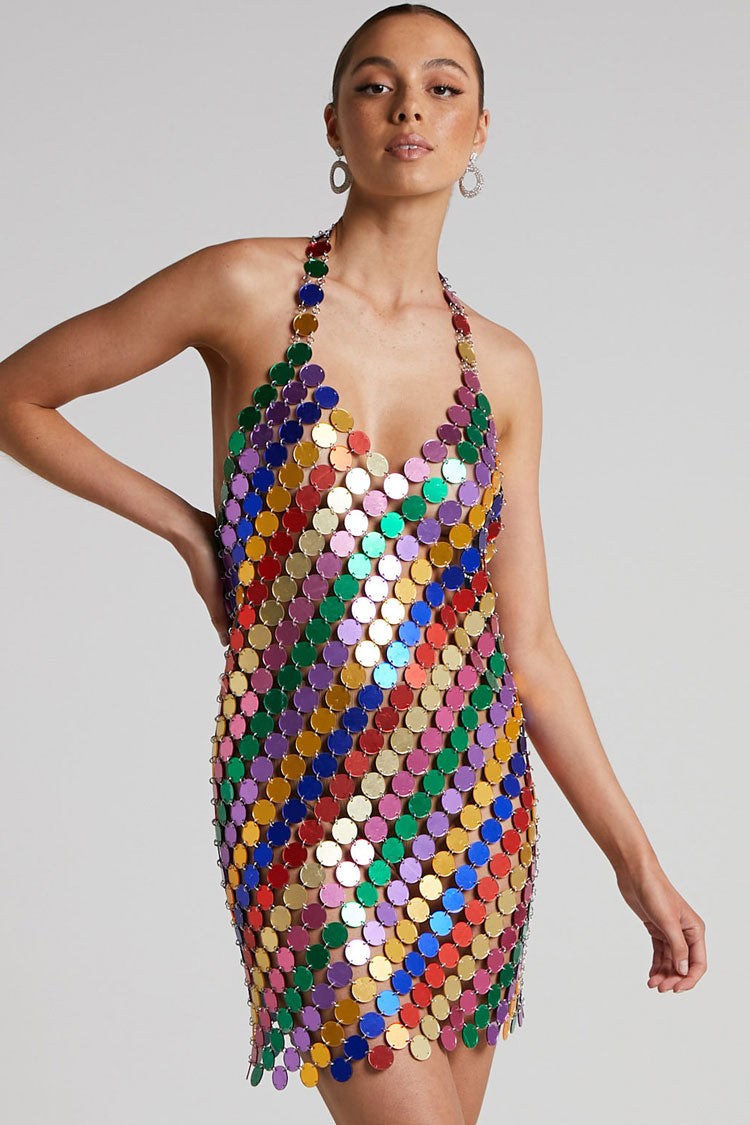 Disc Paillette Halter Plunging V-Neck Backless Bodycon Mini Dress