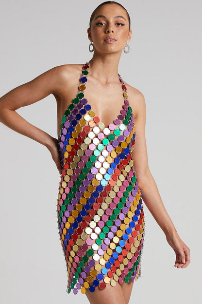 Disc Paillette Halter Plunging V-Neck Backless Bodycon Mini Dress
