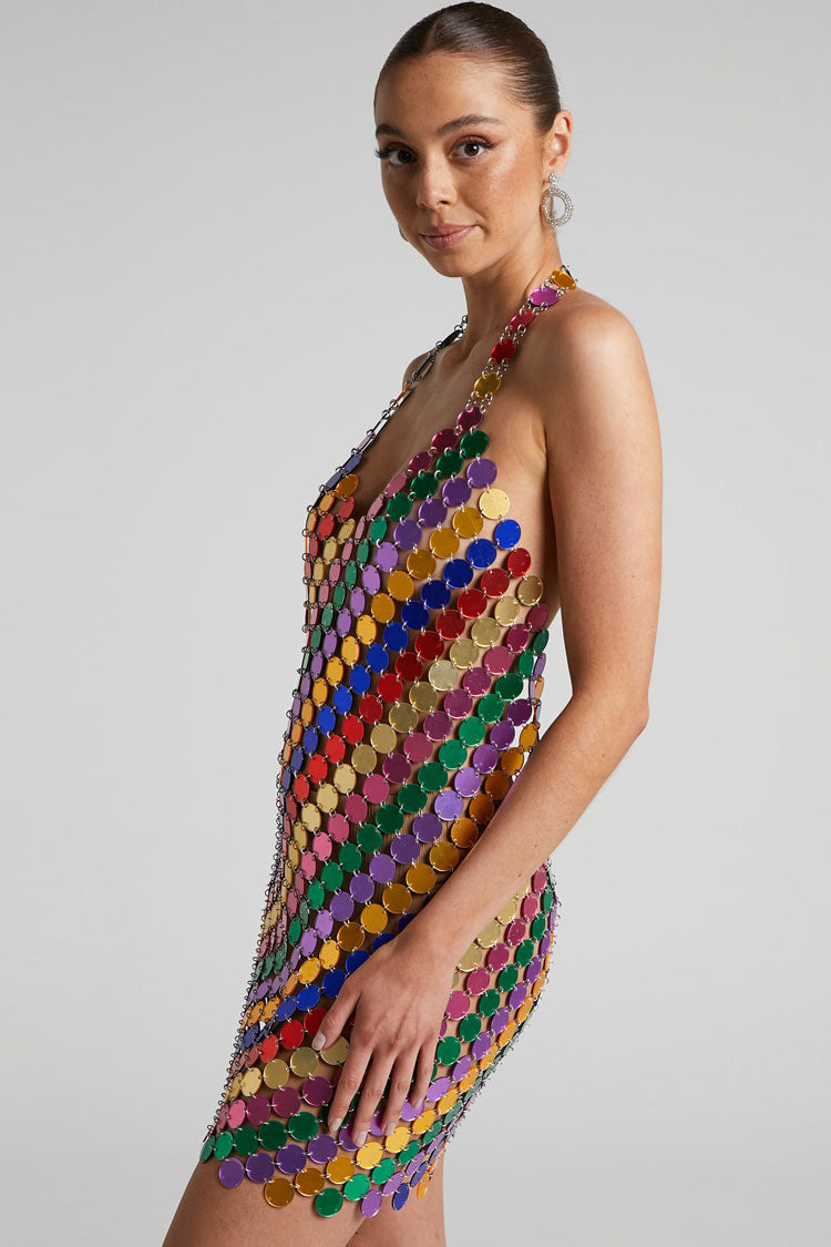 Disc Paillette Halter Plunging V-Neck Backless Bodycon Mini Dress