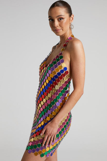Disc Paillette Halter Plunging V-Neck Backless Bodycon Mini Dress