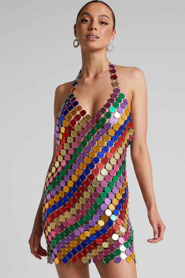 Disc Paillette Halter Plunging V-Neck Backless Bodycon Mini Dress