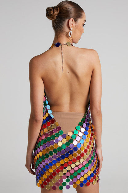 Disc Paillette Halter Plunging V-Neck Backless Bodycon Mini Dress