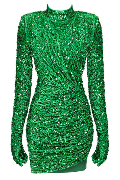 Sequin Mock Neck Glove Sleeve Ruched Bodycon Mini Dress