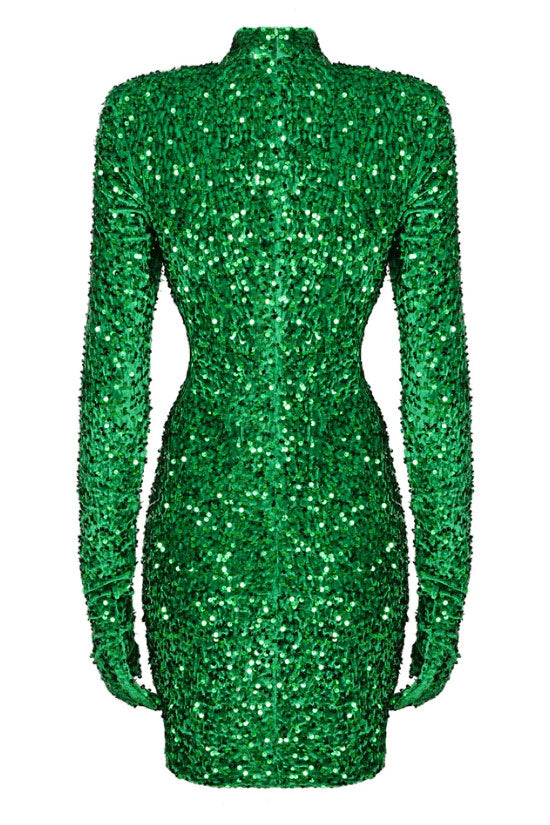 Sequin Mock Neck Glove Sleeve Ruched Bodycon Mini Dress