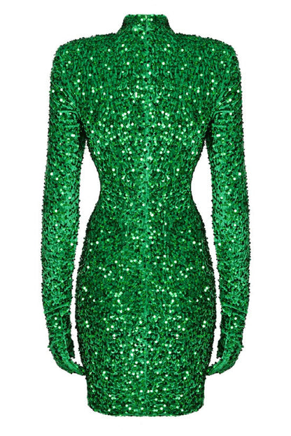Sequin Mock Neck Glove Sleeve Ruched Bodycon Mini Dress