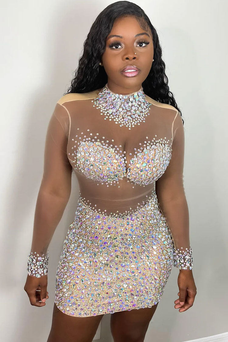 Mock Neck Long Sleeve Rhinestone Panel Sheer Mesh Bodycon Mini Dress