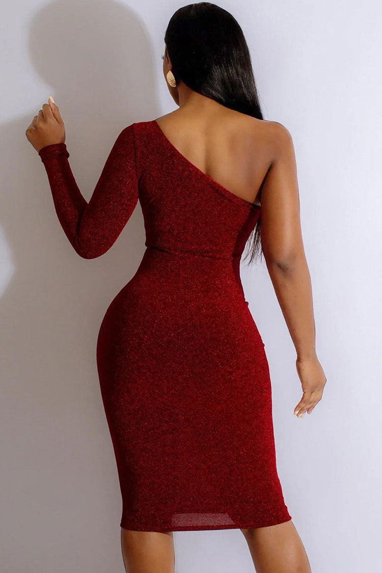 One Shoulder Chest Cut Out Lurex Shimmer Long Sleeve Bodycon Cocktail Midi Dress