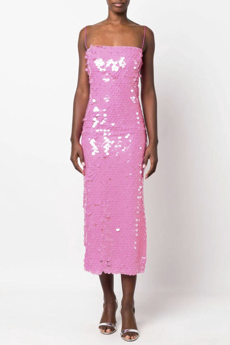 Large Disc Sequin Spaghetti Strap Bodycon Column Midi Dress