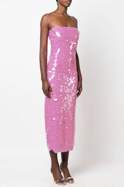 Large Disc Sequin Spaghetti Strap Bodycon Column Midi Dress
