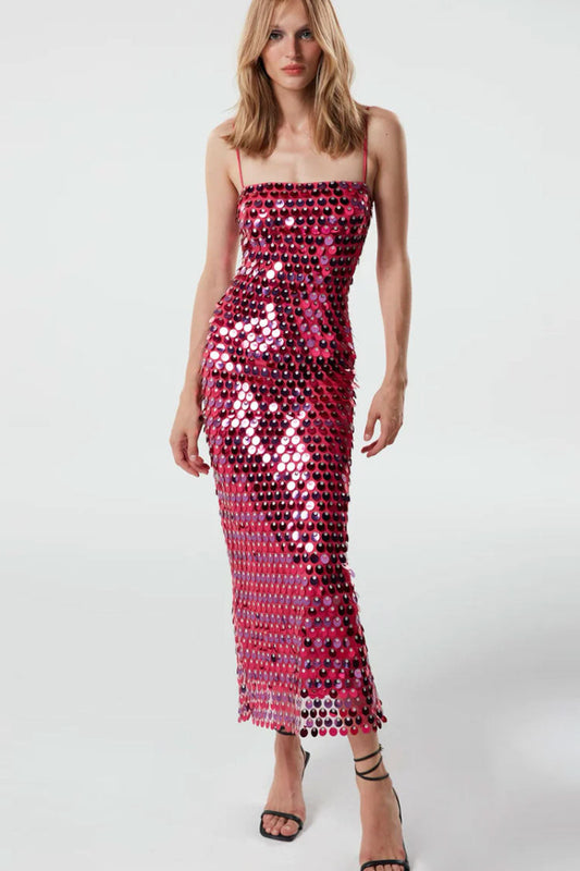 Large Disc Sequin Spaghetti Strap Bodycon Column Midi Dress