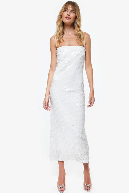 Large Disc Sequin Square Neck Spaghetti Strap Column Midi Dress
