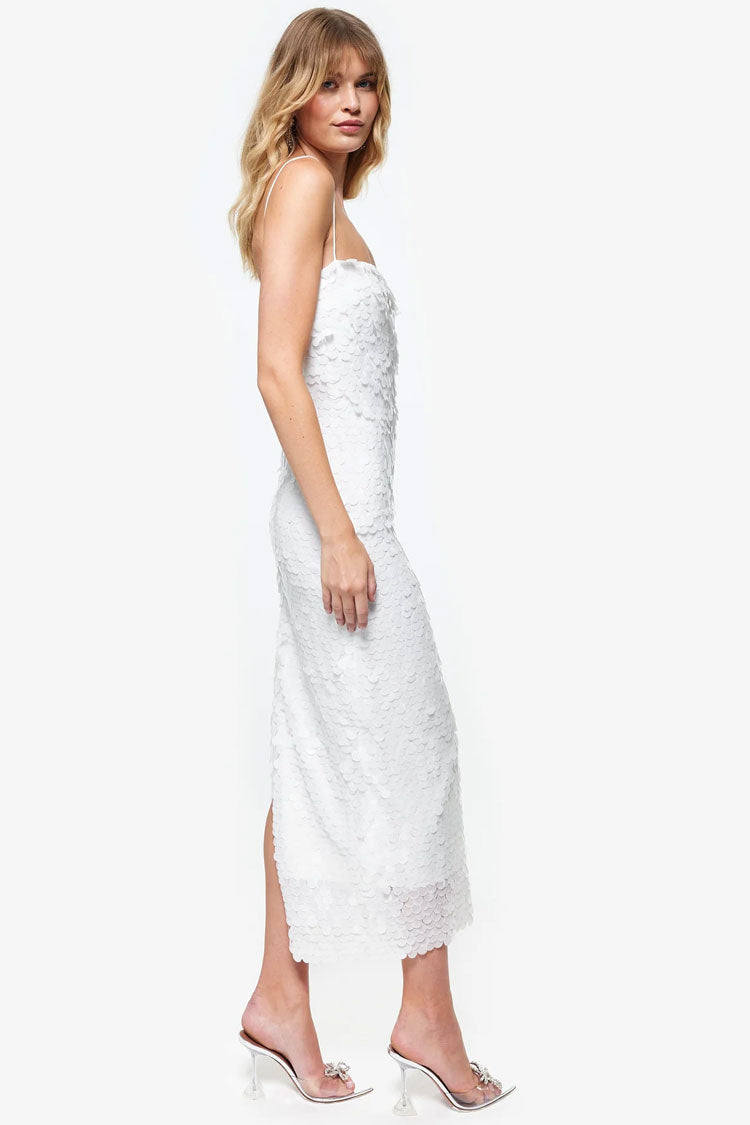 Large Disc Sequin Square Neck Spaghetti Strap Column Midi Dress