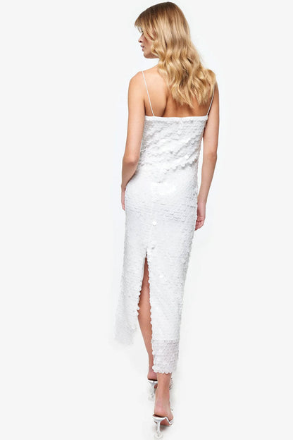 Large Disc Sequin Square Neck Spaghetti Strap Column Midi Dress