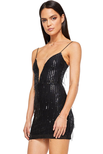 Deep V Mesh Spaghetti Strap Sequin Fringe Mini Dress