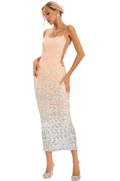 Ombre Sequin Spaghetti Strap Side Cutout Bodycon Midi Dress