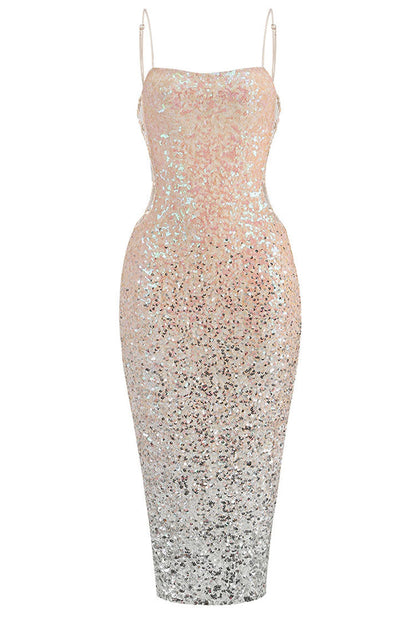 Ombre Sequin Spaghetti Strap Side Cutout Bodycon Midi Dress