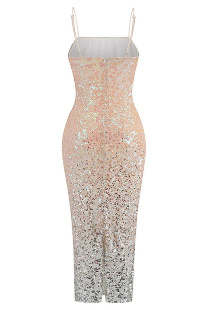 Ombre Sequin Spaghetti Strap Side Cutout Bodycon Midi Dress
