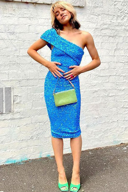 Off Shoulder Fold-Over Band Sequin Velvet Bodycon Midi Dress