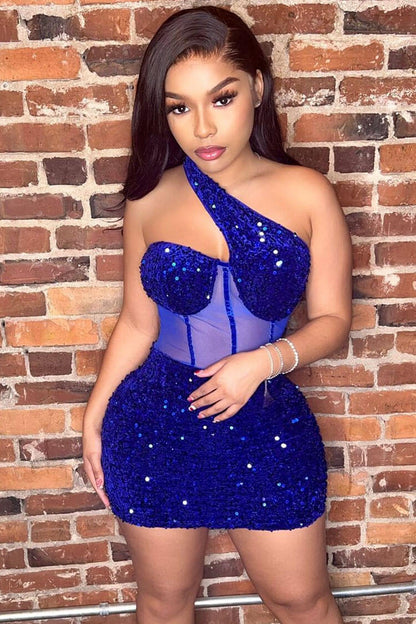 One Shoulder Sequin Corset Mesh Panel Boned Bodycon Mini Dress