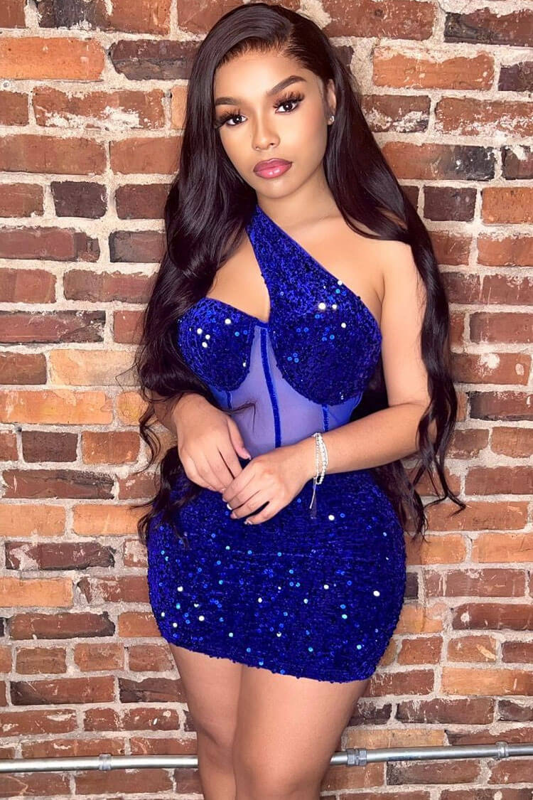 One Shoulder Sequin Corset Mesh Panel Boned Bodycon Mini Dress