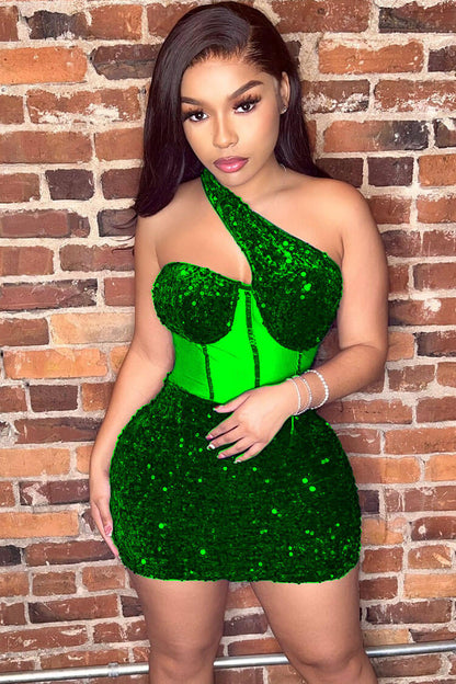 One Shoulder Cutout Corset Boned Sequin Bodycon Mini Dress