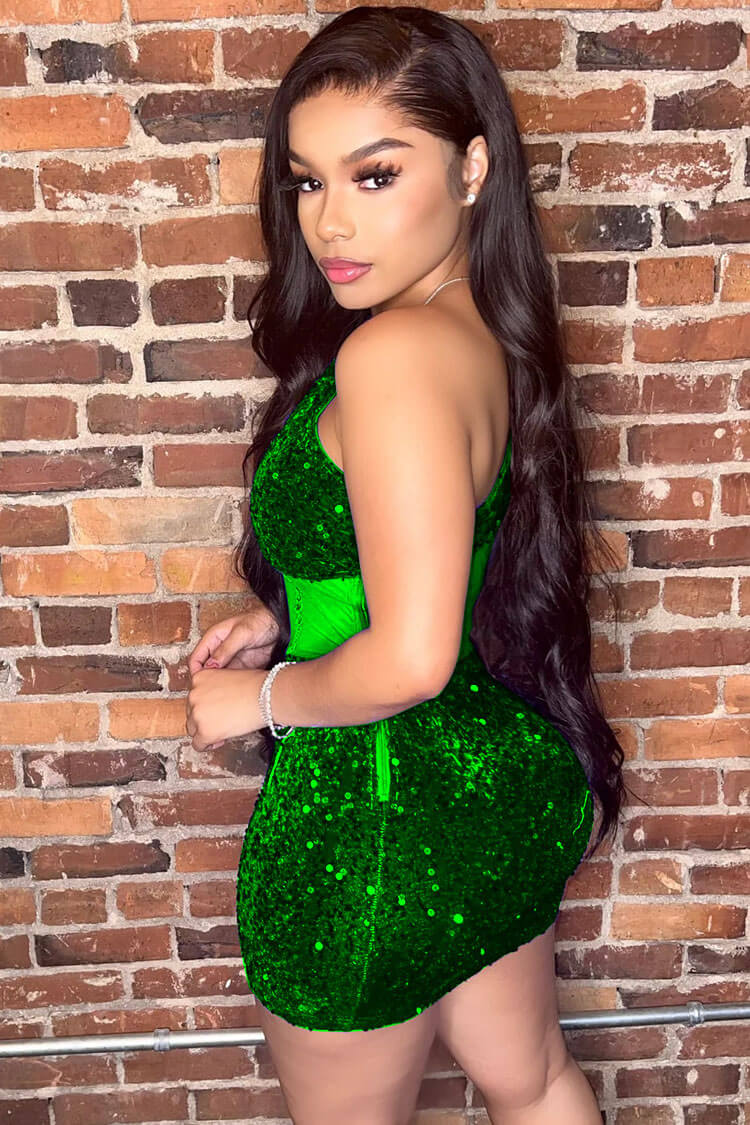 One Shoulder Cutout Corset Boned Sequin Bodycon Mini Dress