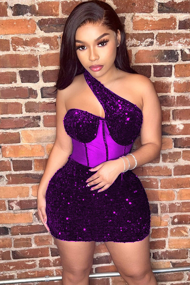 One Shoulder Sequin Corset Mesh Panel Boned Bodycon Mini Dress