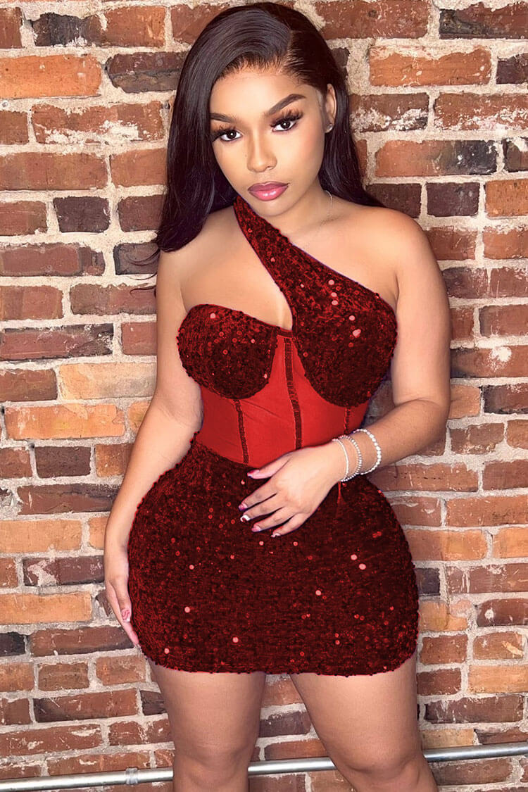 One Shoulder Sequin Corset Mesh Panel Boned Bodycon Mini Dress