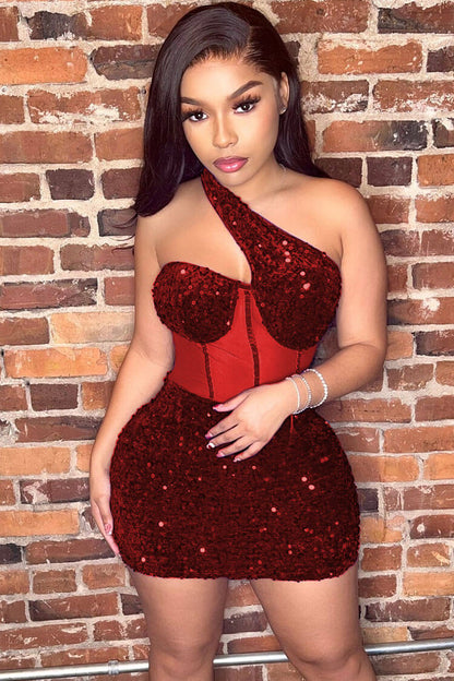 One Shoulder Sequin Corset Mesh Panel Boned Bodycon Mini Dress