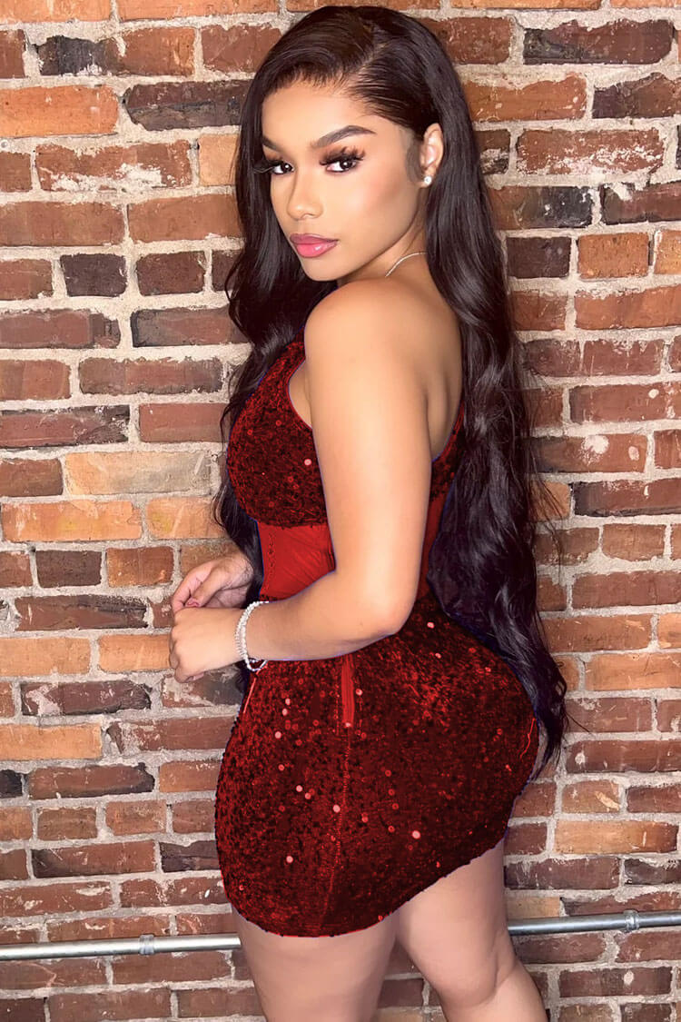 One Shoulder Sequin Corset Mesh Panel Boned Bodycon Mini Dress