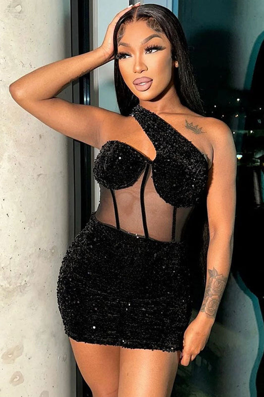 One Shoulder Sequin Corset Mesh Panel Boned Bodycon Mini Dress