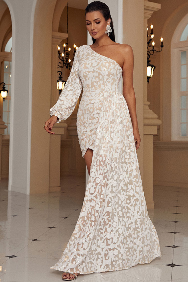 One Shoulder Puff Sleeve Sequin Floral Embroidered Side Train Mini Dress