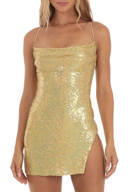 Cowl Neck Spaghetti Strap Side Slit Sequin Bodycon Mini Dress