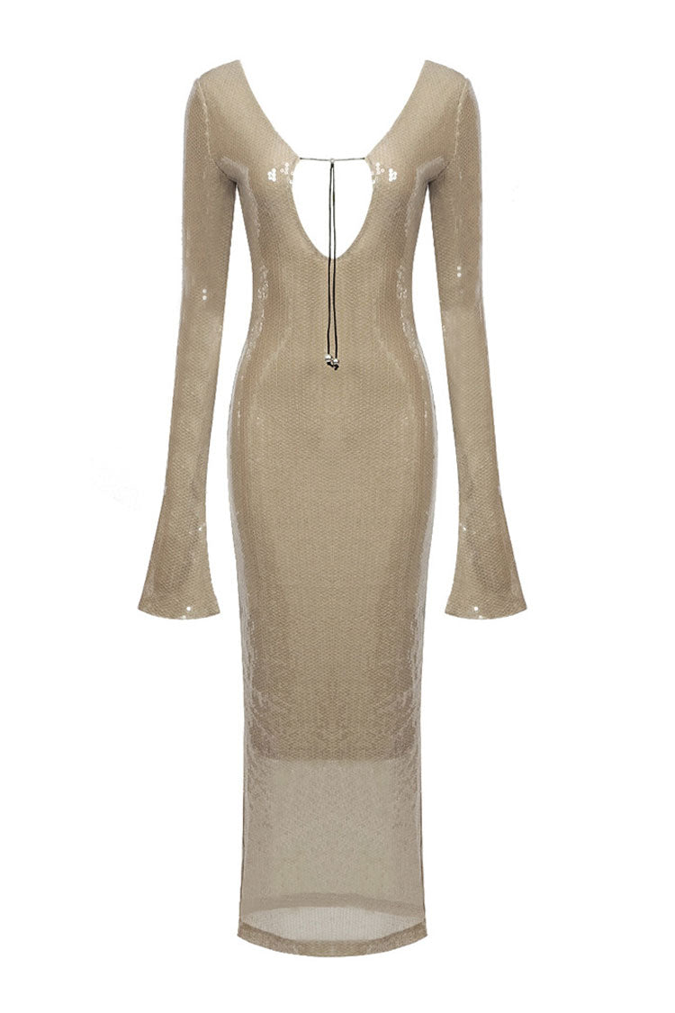 Sequin Long Sleeve Bell Cuff Open Back Crisscross Tie Bodycon Maxi Dress