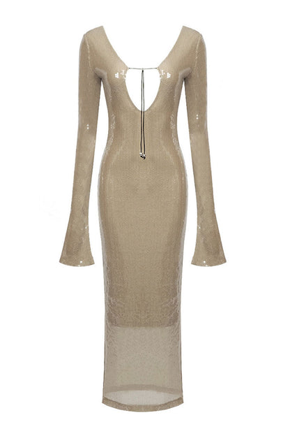 Sequin Long Sleeve Bell Cuff Open Back Crisscross Tie Bodycon Maxi Dress