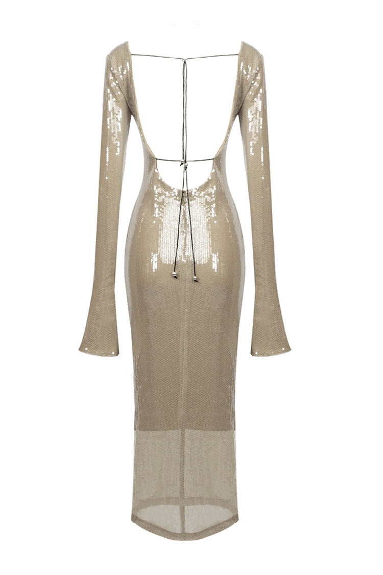 Sequin Long Sleeve Bell Cuff Open Back Crisscross Tie Bodycon Maxi Dress