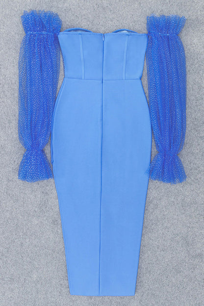 Off-Shoulder Polka Dot Mesh Puff Sleeve Corset Bandage Midi Dress