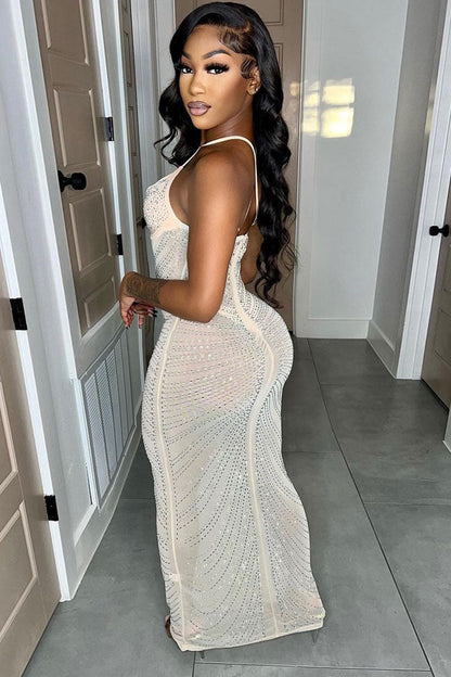 Rhinestone Embellished Bustier Sheer Mesh Spaghetti Strap Mermaid Maxi Gown
