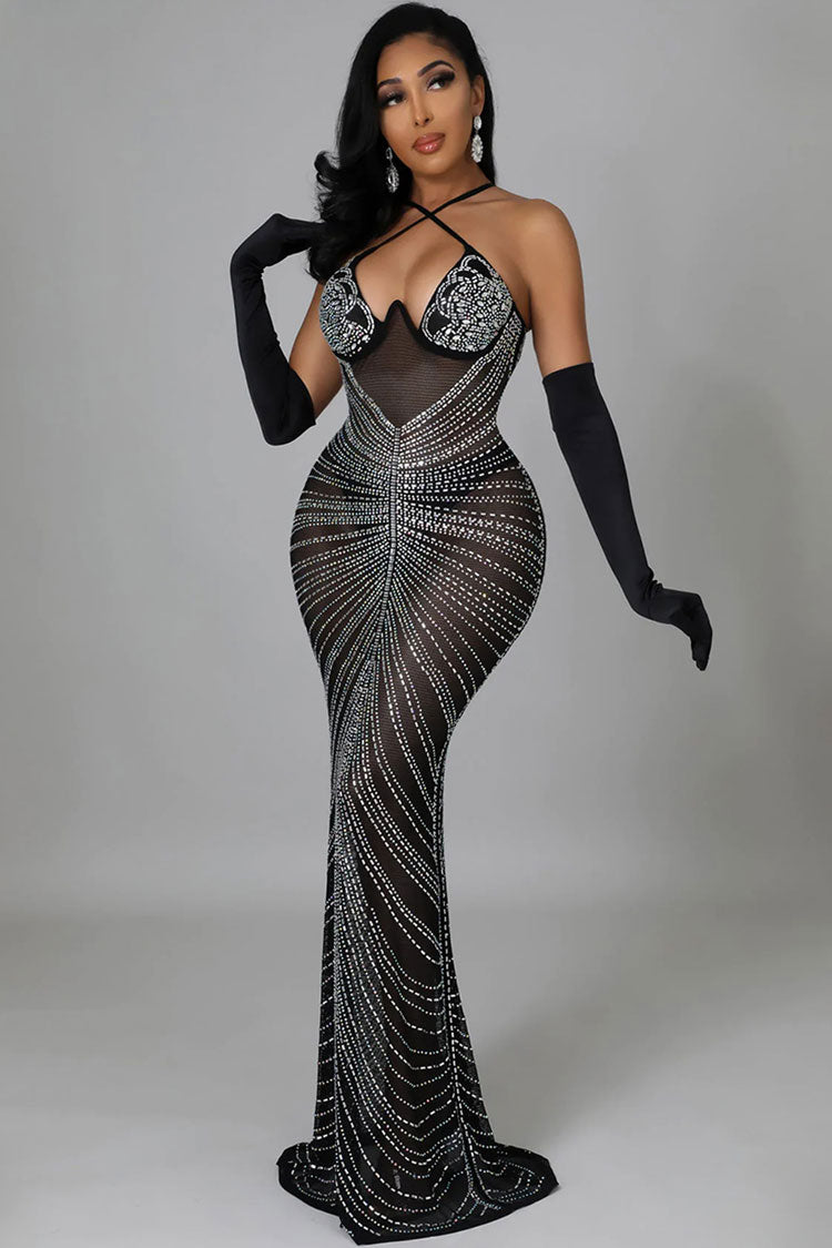 Rhinestone Embellished Bustier Sheer Mesh Spaghetti Strap Mermaid Maxi Gown