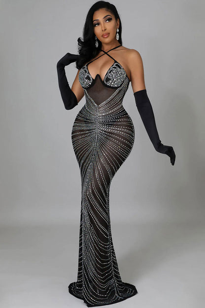 Rhinestone Embellished Bustier Sheer Mesh Spaghetti Strap Mermaid Maxi Gown