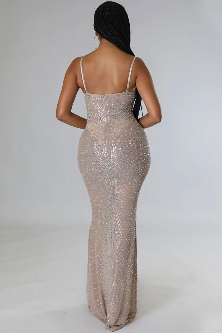 Rhinestone Embellished Bustier Sheer Mesh Spaghetti Strap Mermaid Maxi Gown