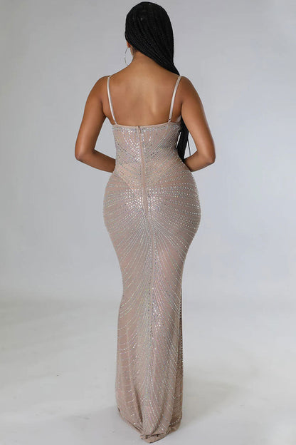 Rhinestone Embellished Bustier Sheer Mesh Spaghetti Strap Mermaid Maxi Gown